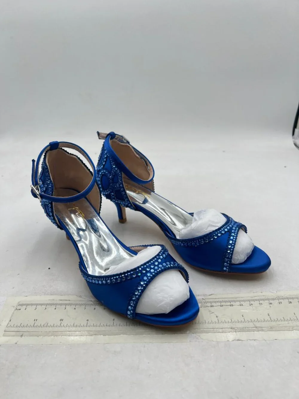 XYD Blue Peep Toe, D'Orsay Kitten Low Heels, Rhinestone Ankle Strap Sandals